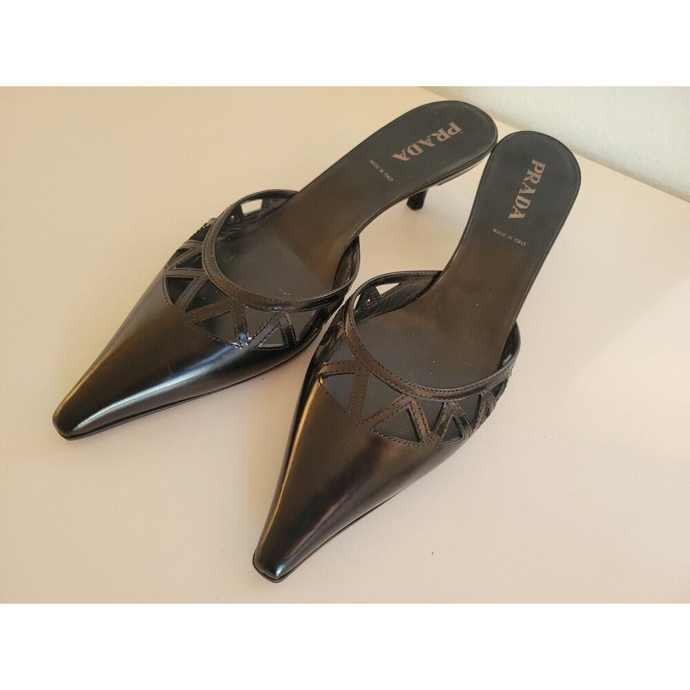 PRADA Vintage VTG black pointy pointed kitten heel mules 37